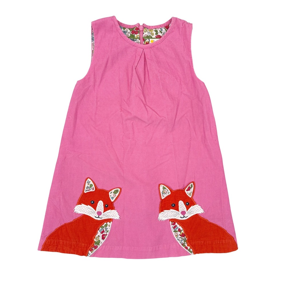 Mini Boden Dress Girls Size 5 / 6 Pink Corduroy Fox Pinnie Back to School